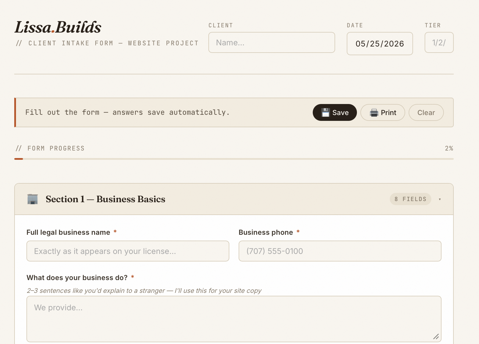 Client Intake Form screenshot